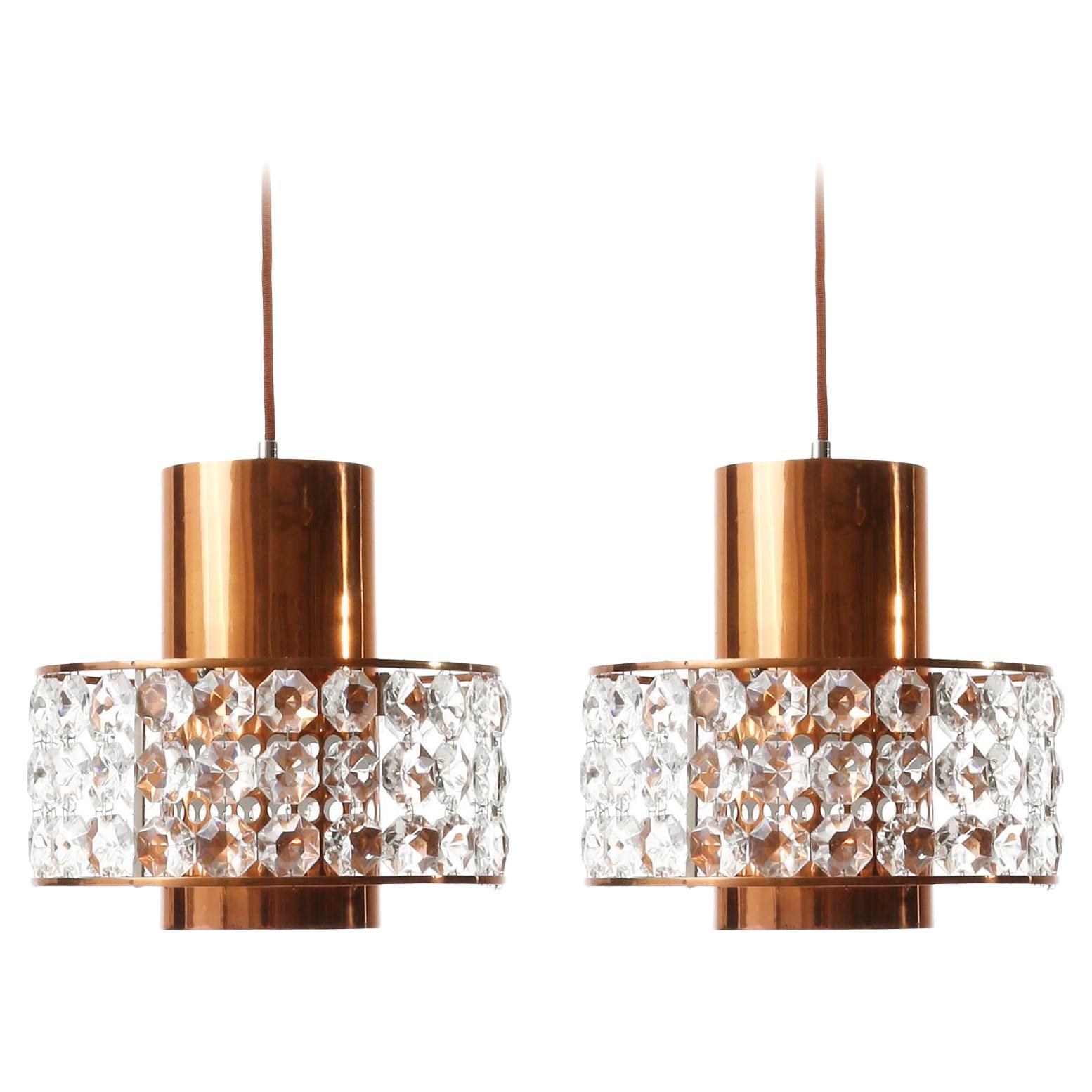 Pair of Bakalowits Pendant Lights Lanterns, Copper Nickel Crystal Glass, 1960s