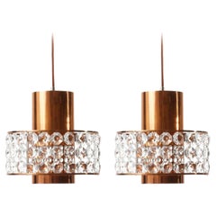 Vintage Pair of Bakalowits Pendant Lights Lanterns, Copper Nickel Crystal Glass, 1960s