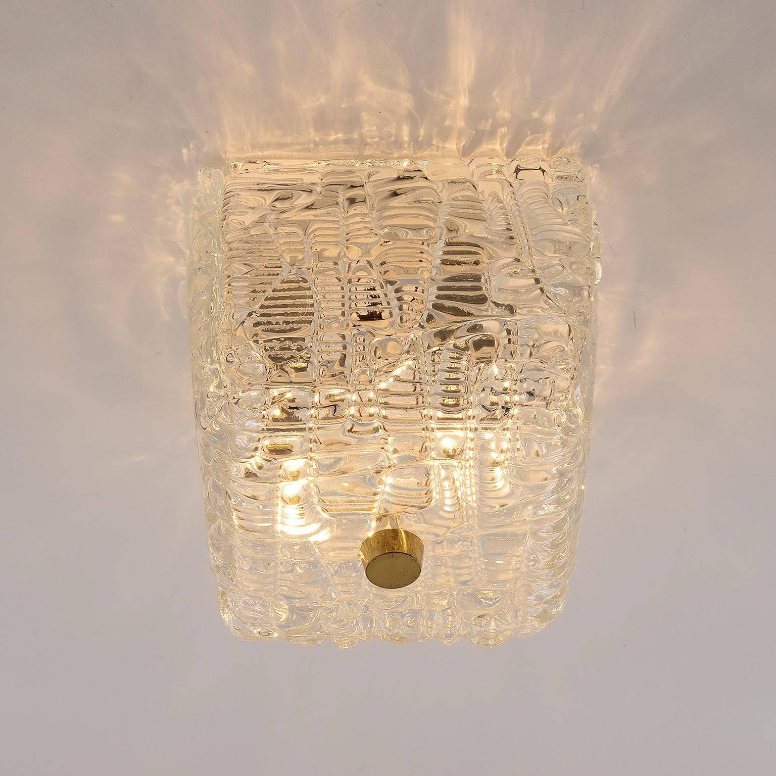 Mid-Century Modern One of Two Kalmar Flush Mount Lights Textured Glass Brass, 1950s For Sale