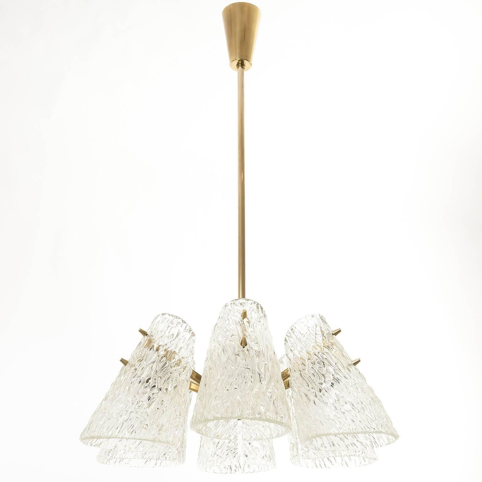Austrian Kalmar Chandelier, Textured Glass and Brass, 1960 For Sale