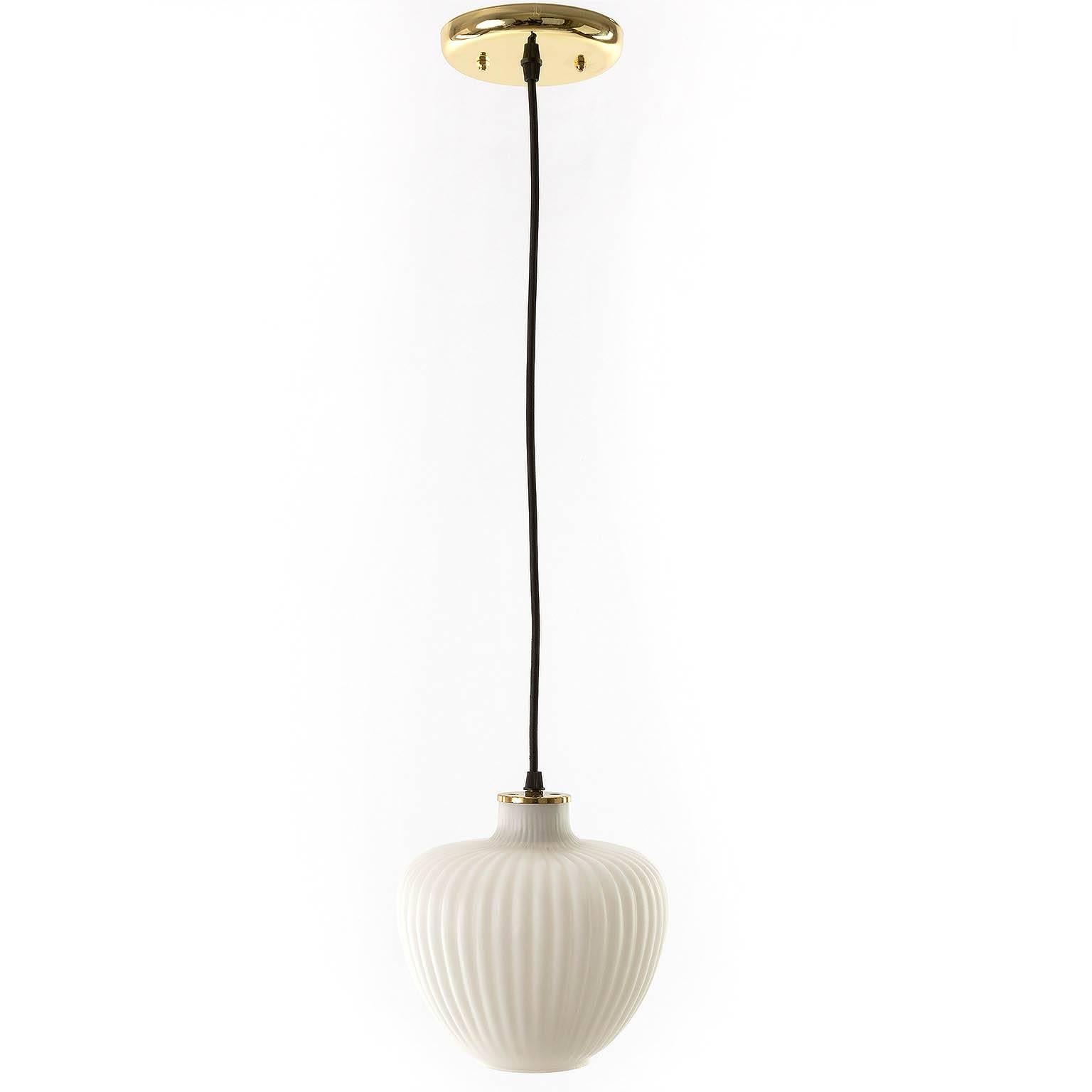 Mid-20th Century Pair of Pendant Lights, Brass and Opal Glass, 1950s