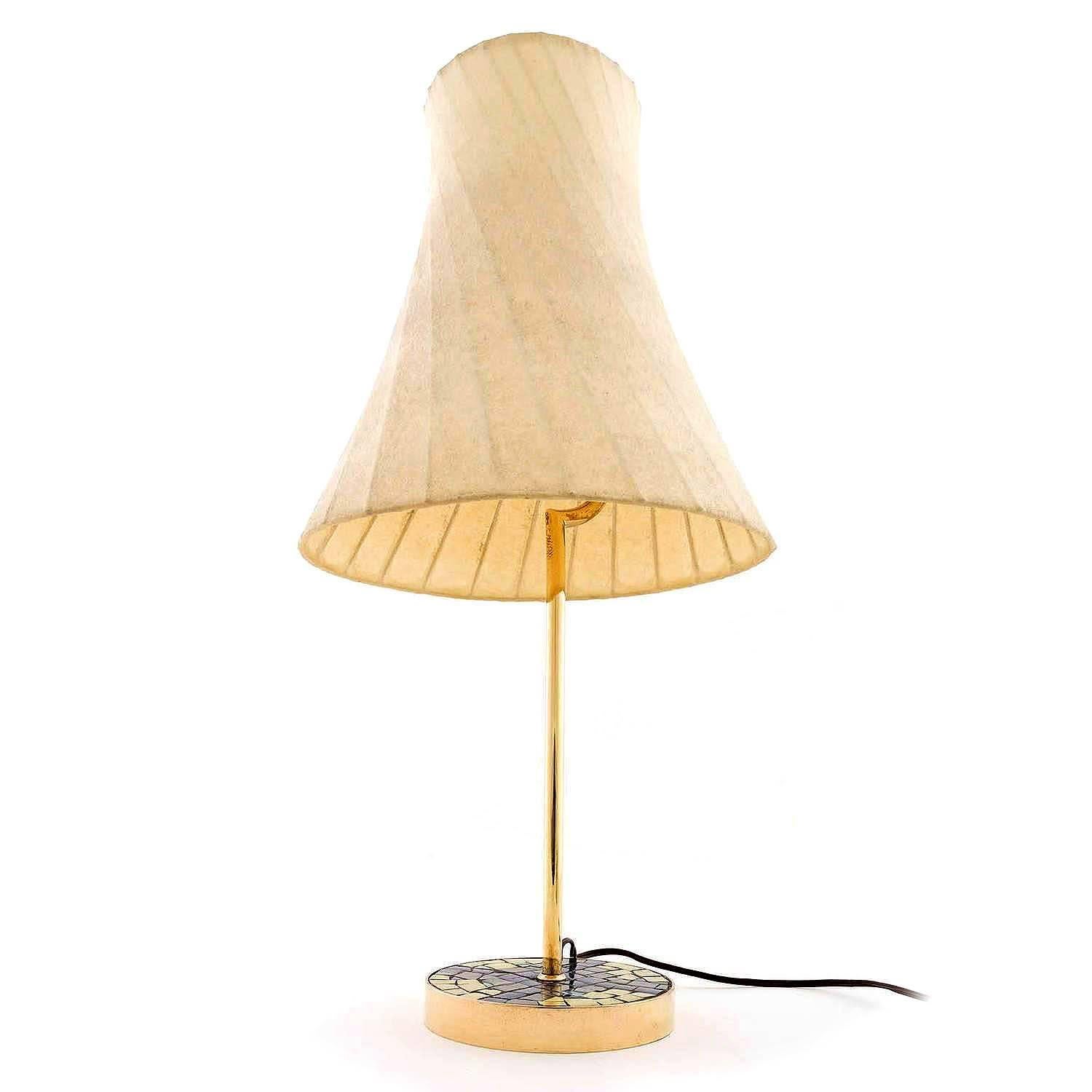 A rare Mid-Century Modern table lamp model 'Spule' no. 1235. by J.T. Kalmar, Austria, manufactured ca. 1960 (1950s - 1960s). A brass Stand with mosaic inlay. The polymer latex cocoon diffuser has an internal metal strucutre. Very good condition with
