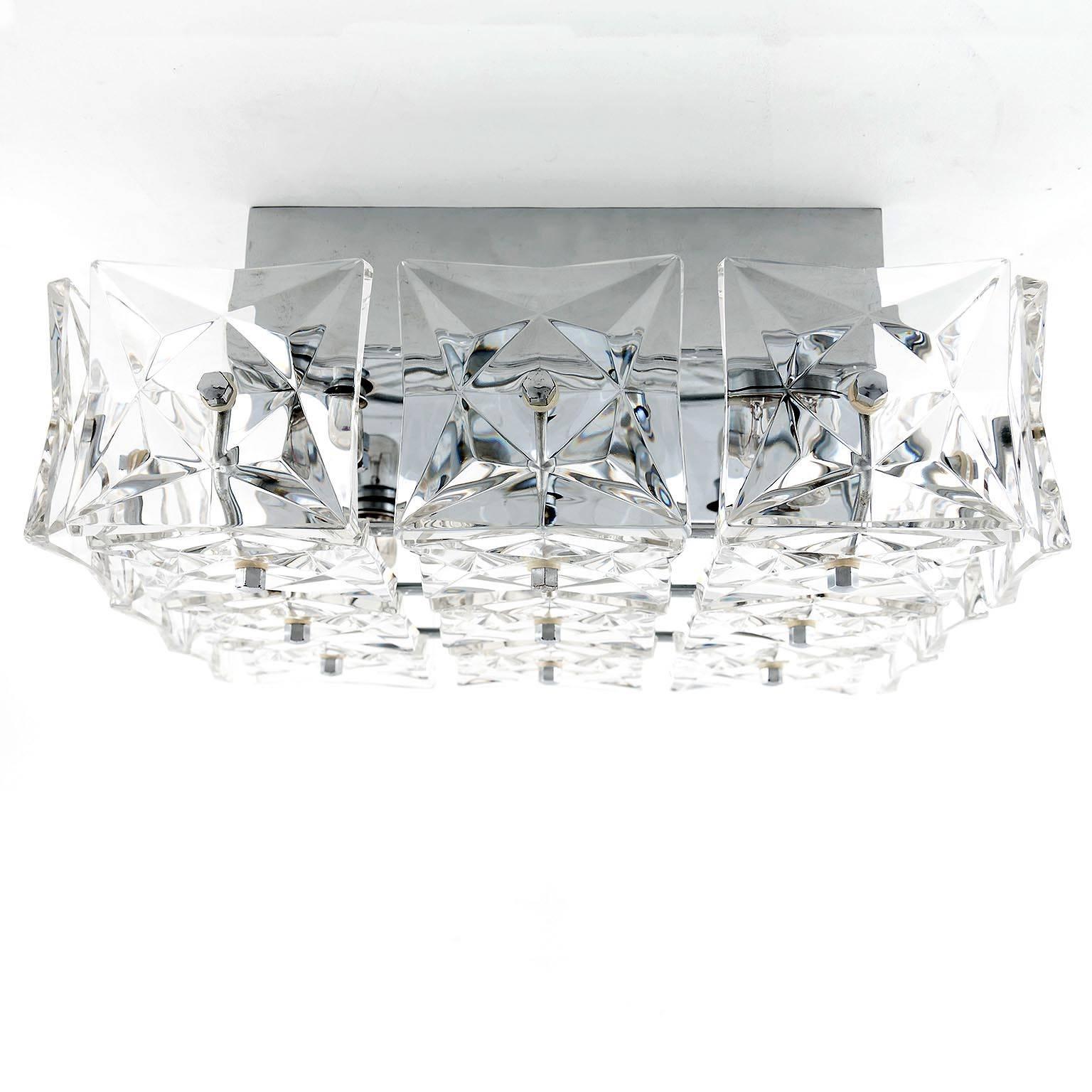 German Pair of Kinkeldey Wall or Flush Mount Lights Sconces, Nickel Crystal Glass, 1970