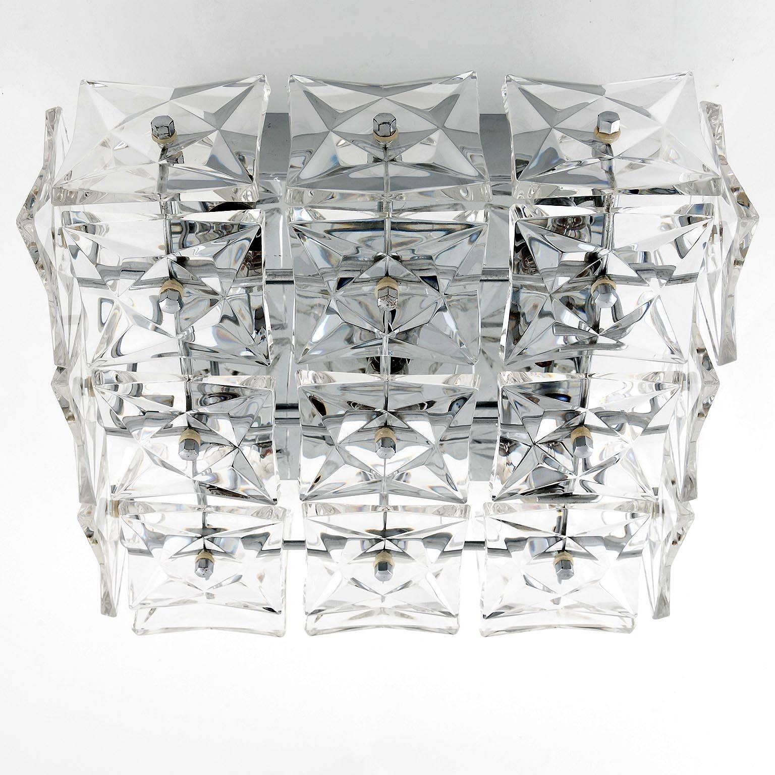 Mid-Century Modern Pair of Kinkeldey Wall or Flush Mount Lights Sconces, Nickel Crystal Glass, 1970