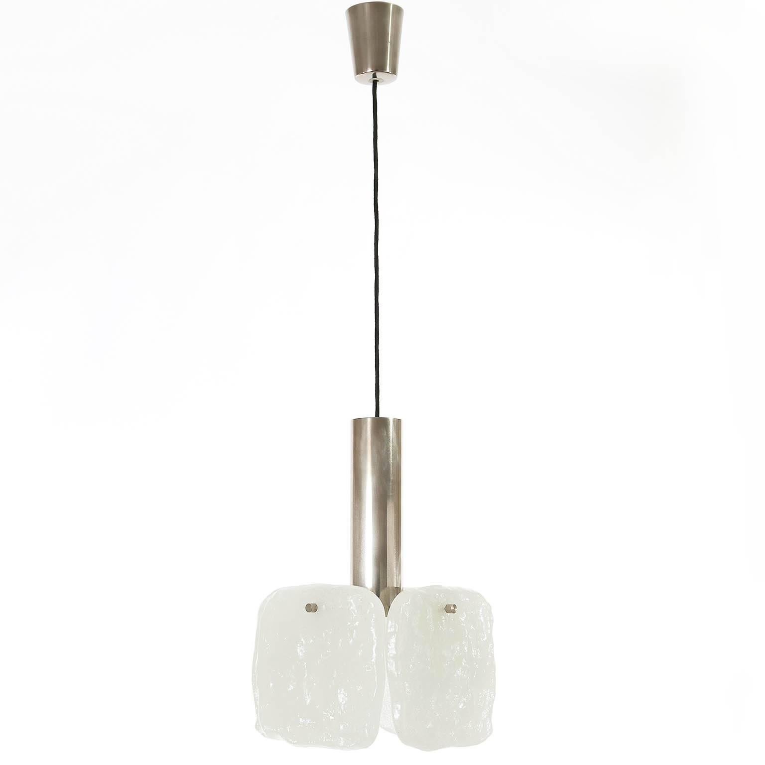 Mid-Century Modern One of Three Kalmar Pendant Lights, Ice Glass and Chrome, 1960s For Sale