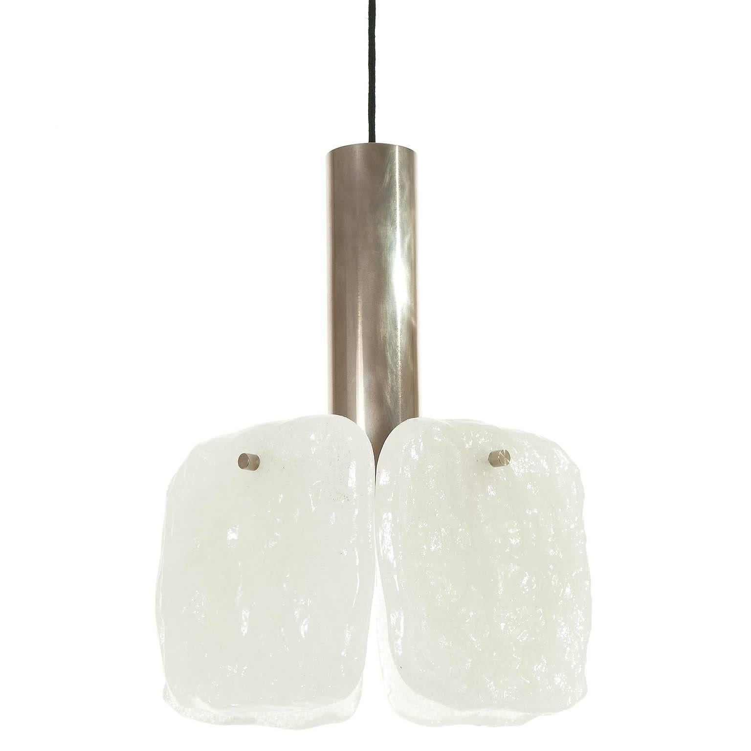 Frosted One of Three Kalmar Pendant Lights, Ice Glass and Chrome, 1960s For Sale