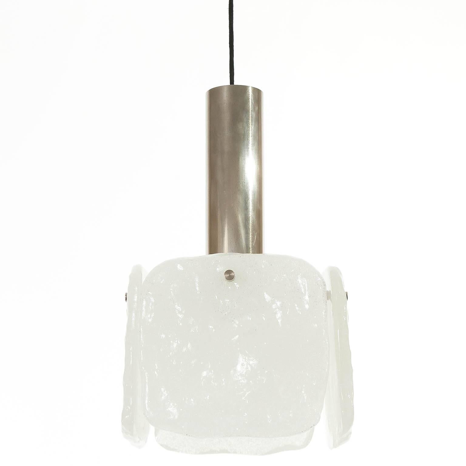 One of Three Kalmar Pendant Lights, Ice Glass and Chrome, 1960s In Excellent Condition For Sale In Hausmannstätten, AT
