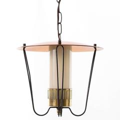 Lantern Pendant Light, Brass Copper Opal Glass, Rupert Nikoll, Austria, 1950s