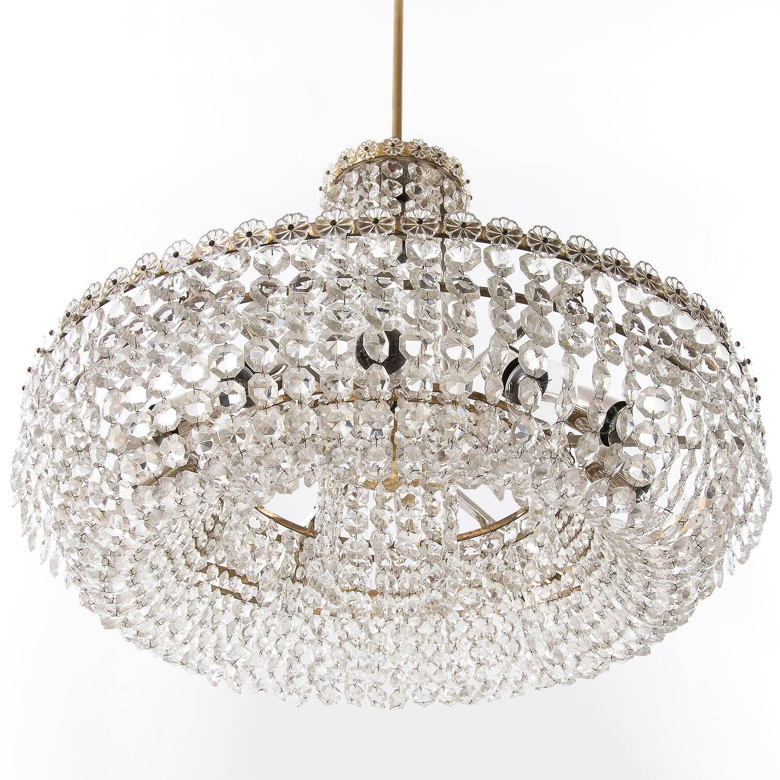 Polished Large Bakalowits Chandelier, Nickel Brass Crystals, 1960s