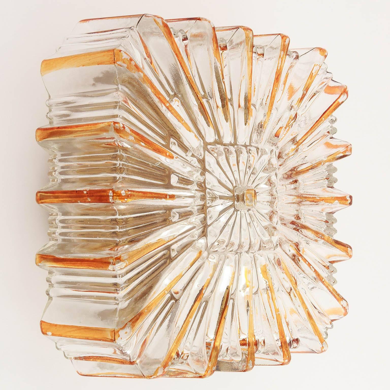 German Pair of Amber Tone Glass Sconces or Flush Mount Light Fixtures, 1960s