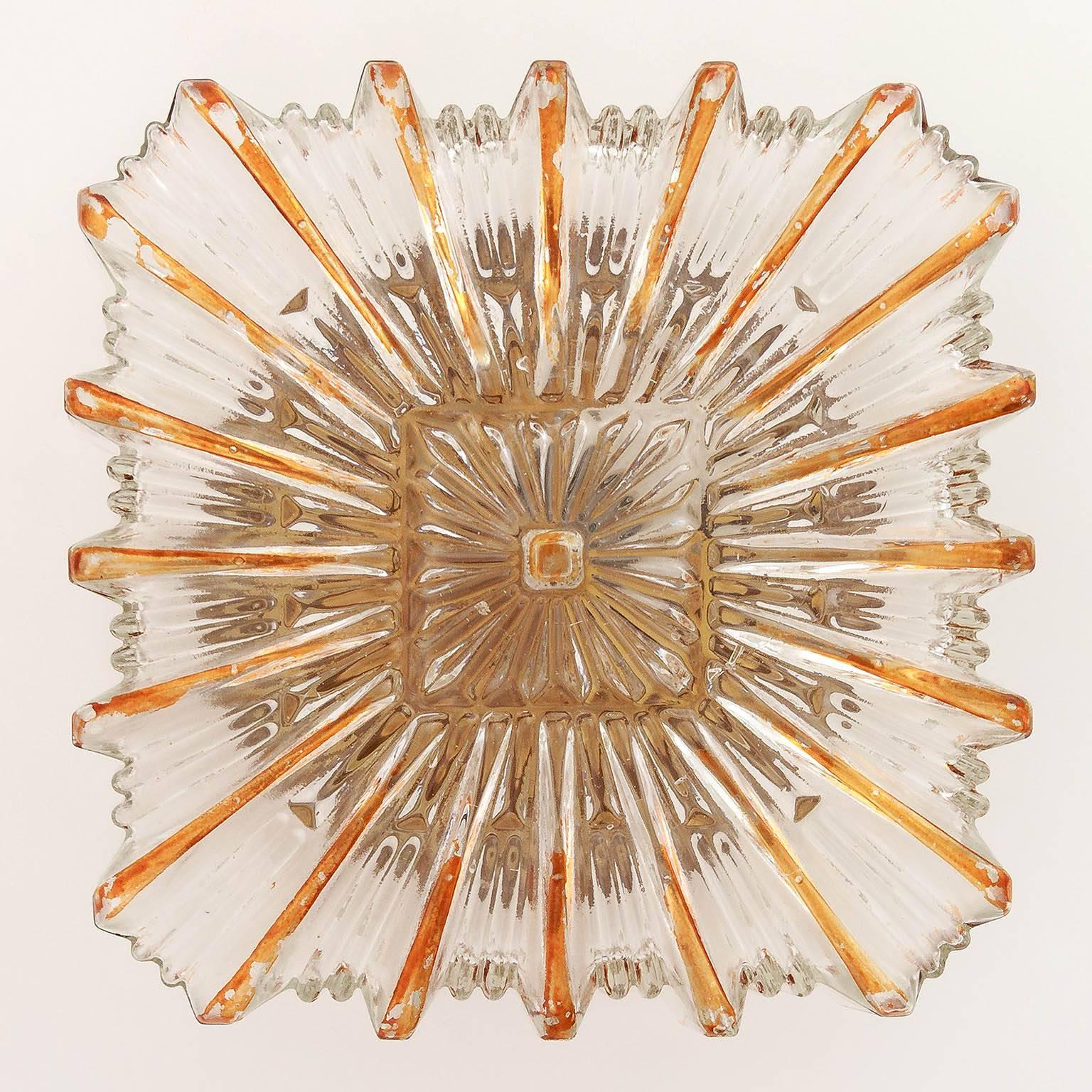 Mid-Century Modern Pair of Amber Tone Glass Sconces or Flush Mount Light Fixtures, 1960s