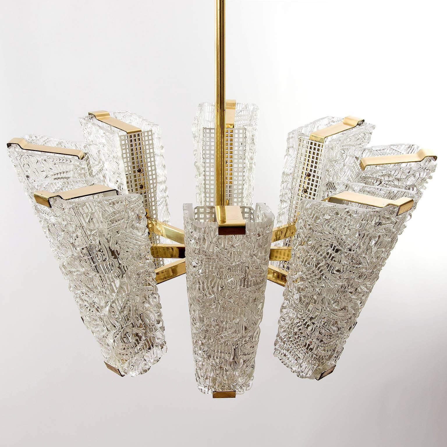 Painted Large Kalmar Chandelier, Brass and Textured Glass, 1950s For Sale