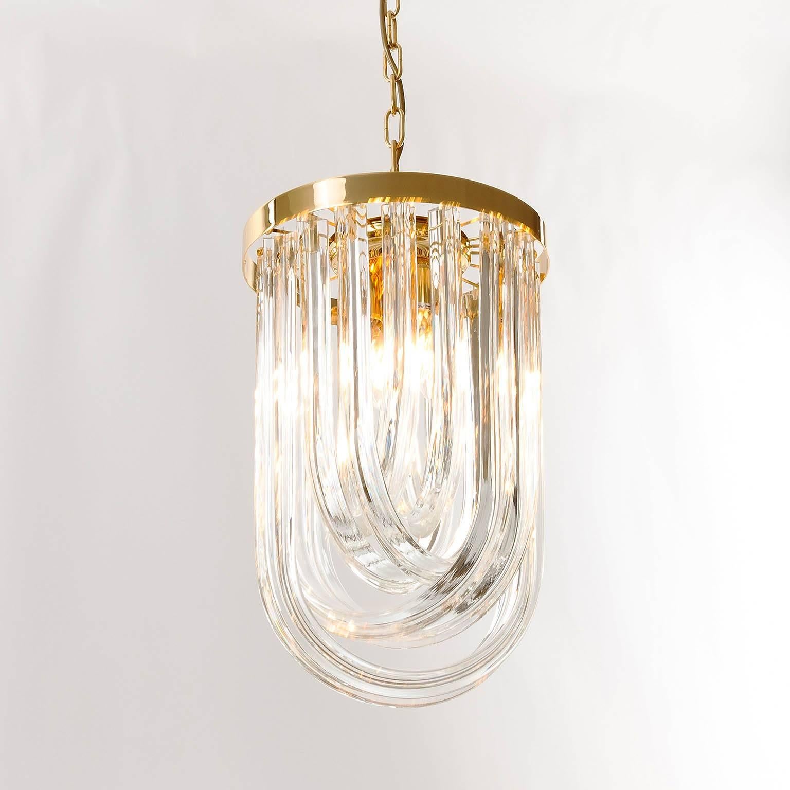 Venini Pendant Light Chandelier, Curved Crystal Glass and Gilt Brass, Italy For Sale 3
