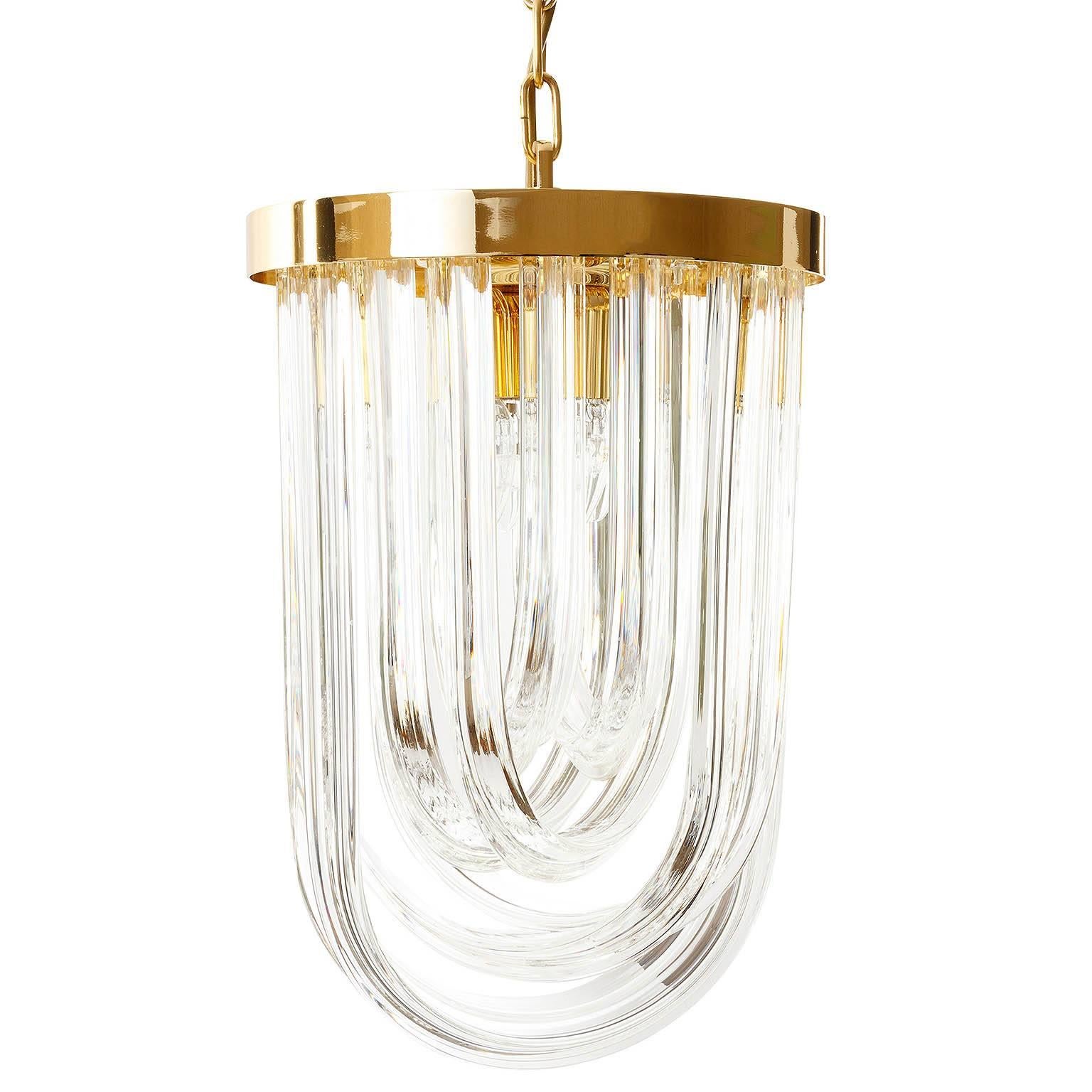 Mid-Century Modern Venini Pendant Light Chandelier, Curved Crystal Glass and Gilt Brass, Italy For Sale