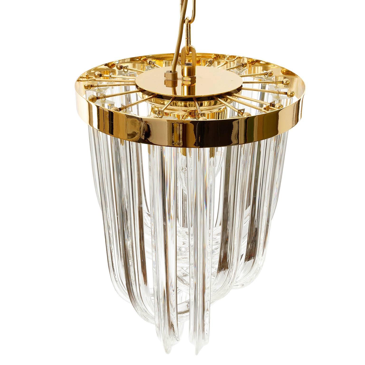 Mid-20th Century Venini Pendant Light Chandelier, Curved Crystal Glass and Gilt Brass, Italy For Sale