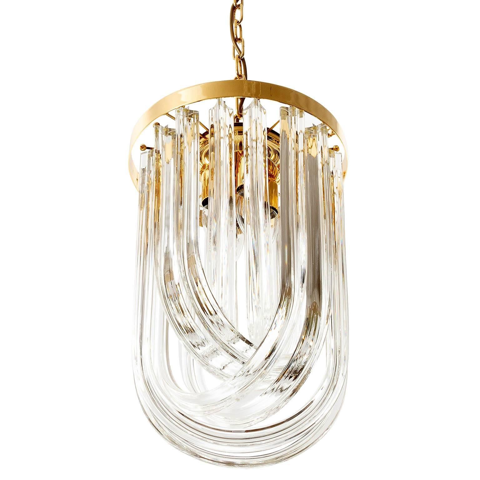 Italian Venini Pendant Light Chandelier, Curved Crystal Glass and Gilt Brass, Italy For Sale