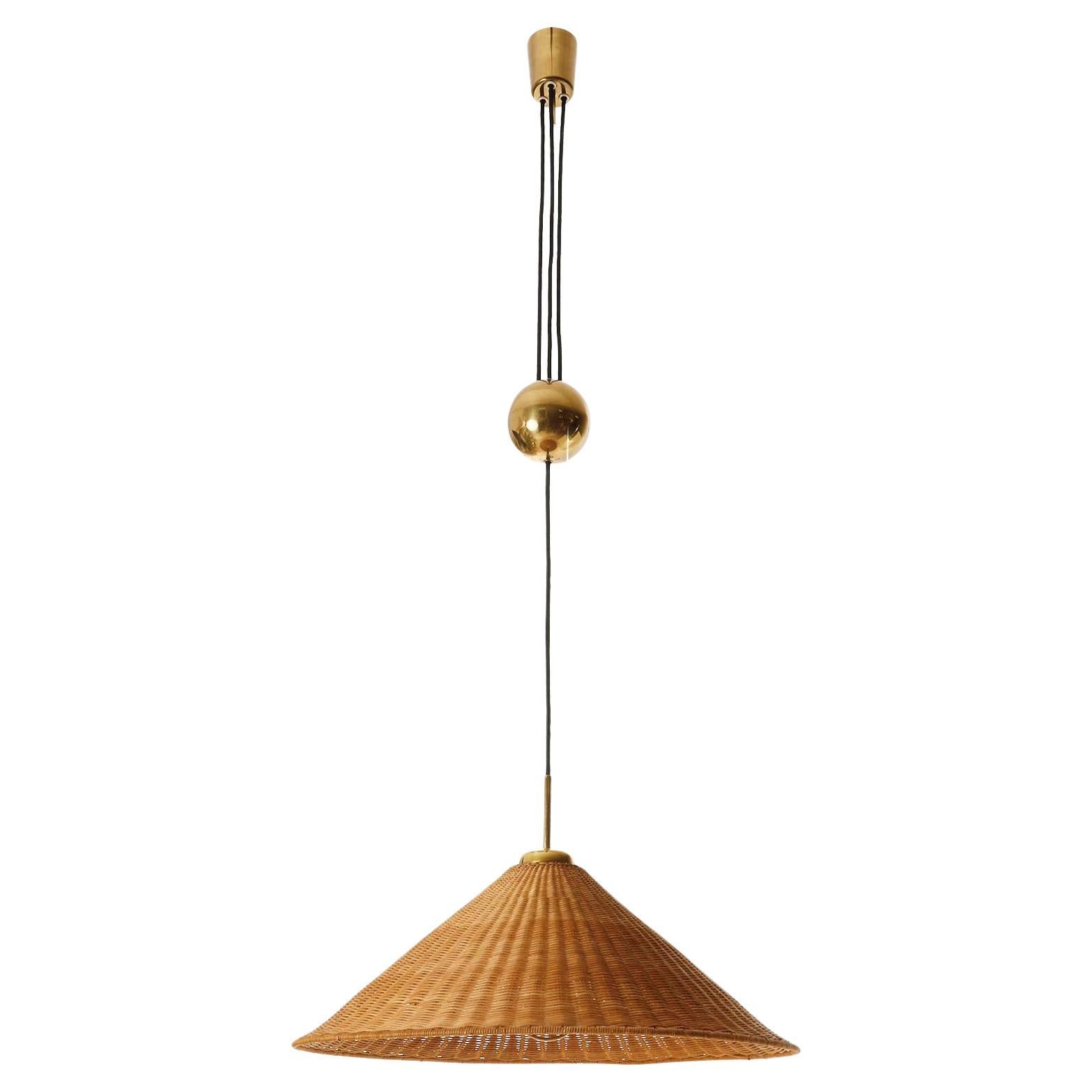 Counterweight Pendant Light by J.T. Kalmar, Josef Frank, Brass Wicker, 1950s
