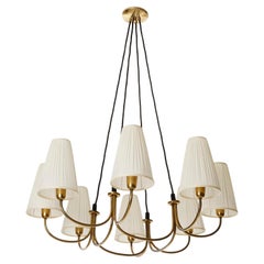 Large Pendant Chandelier Rupert Nikoll, Brass Pleated Cream Fabric Shades, 1950s