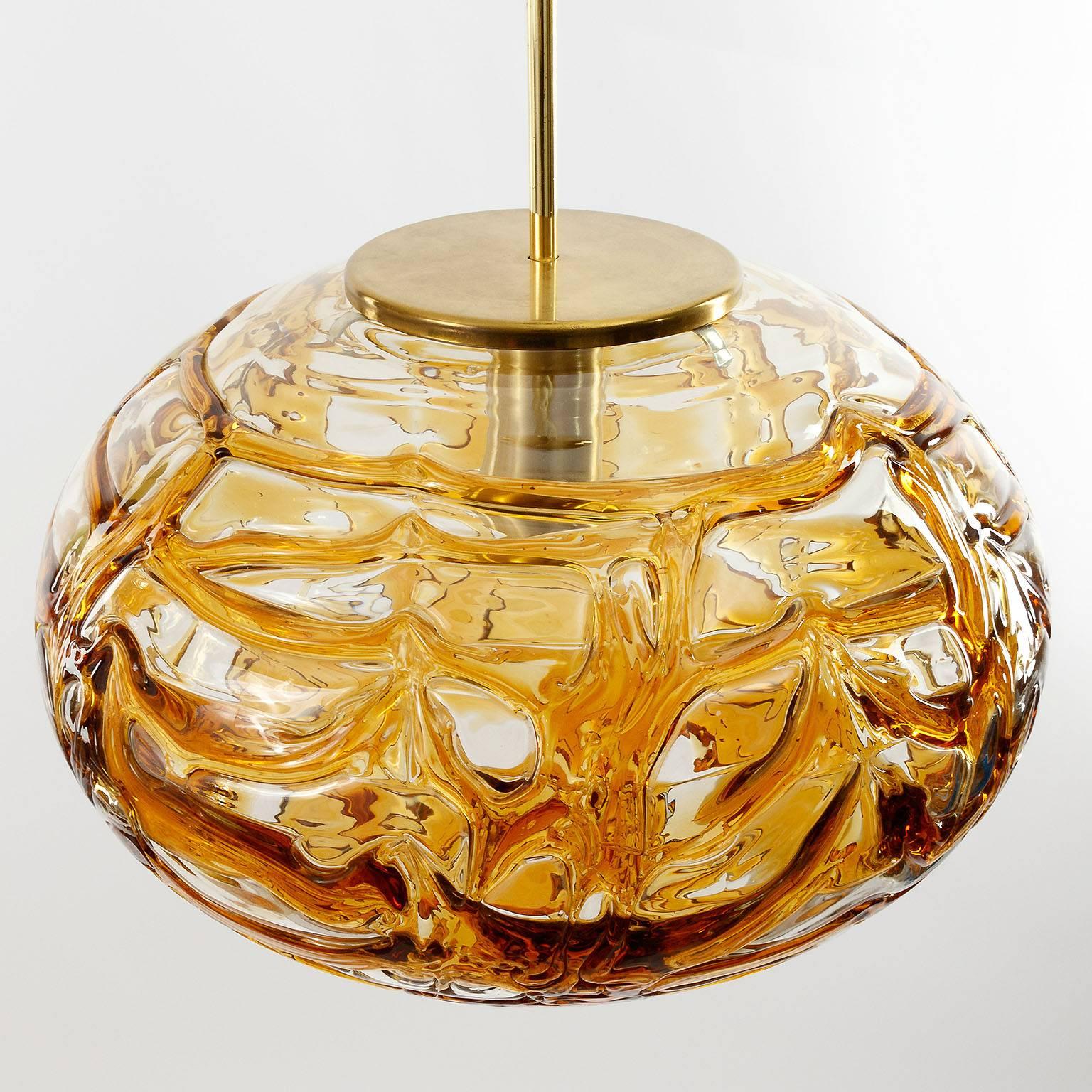 Doria Pendant Light, Textured Amber Glass Globe and Brass, 1970 1