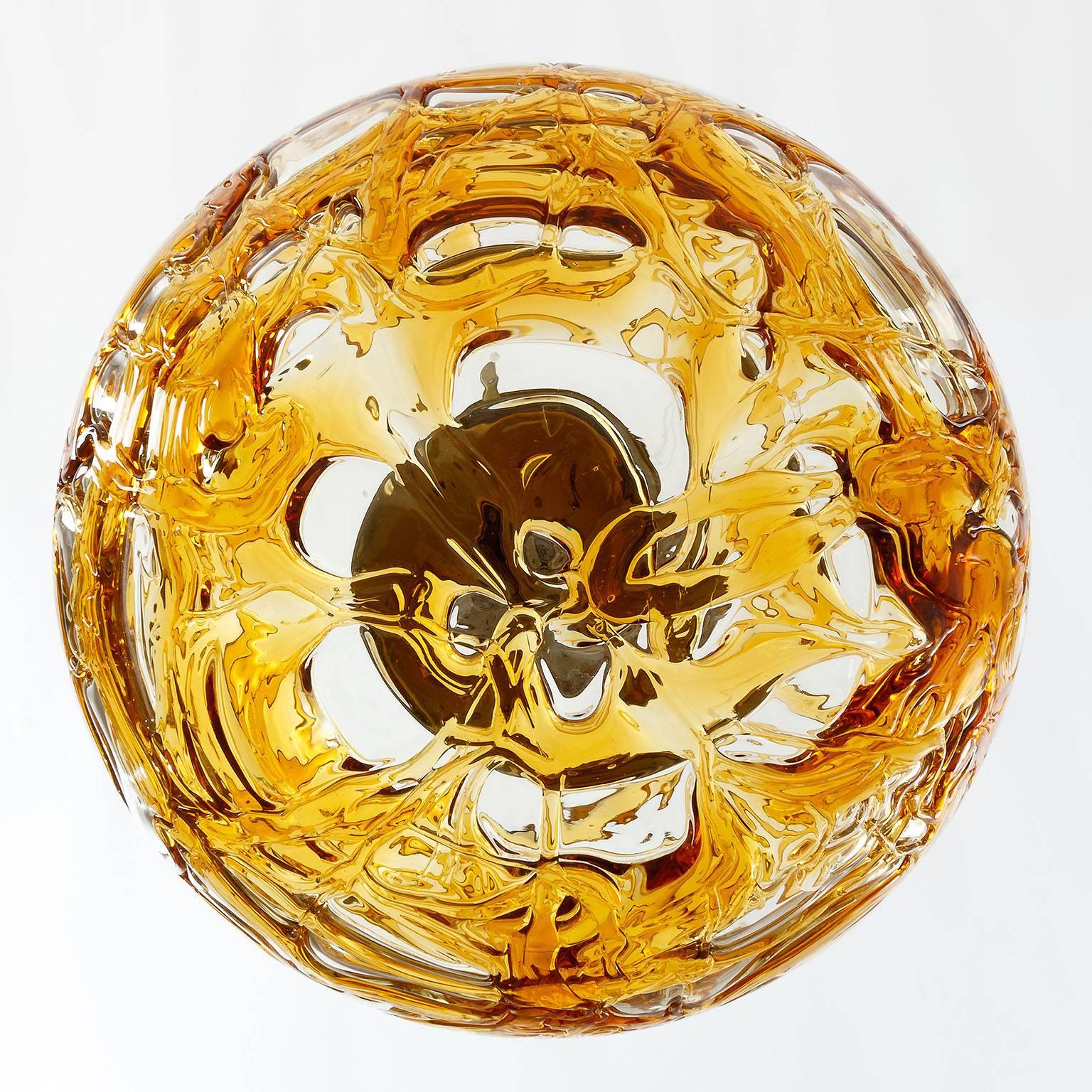 Mid-20th Century Doria Pendant Light, Textured Amber Glass Globe and Brass, 1970