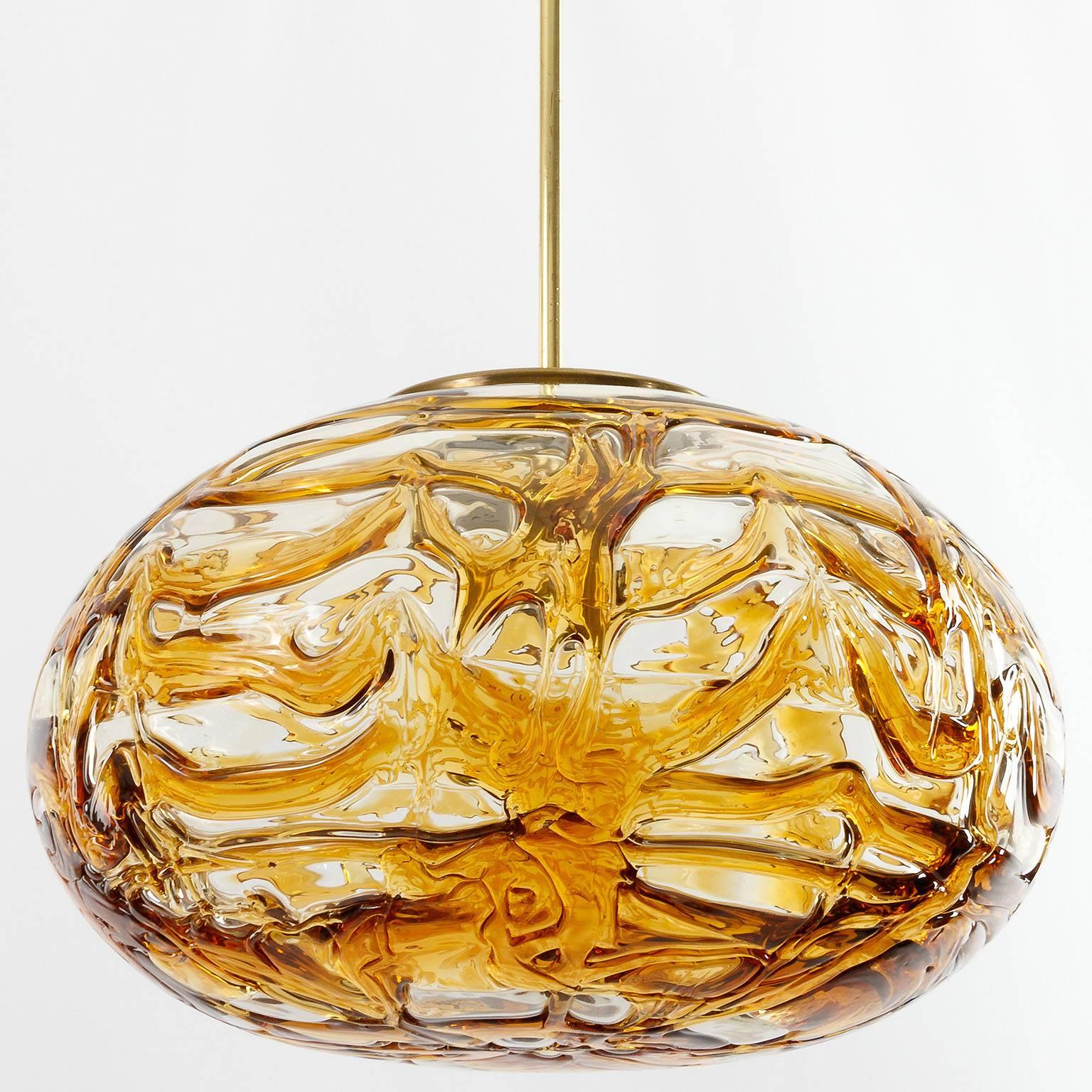 Mid-Century Modern Doria Pendant Light, Textured Amber Glass Globe and Brass, 1970