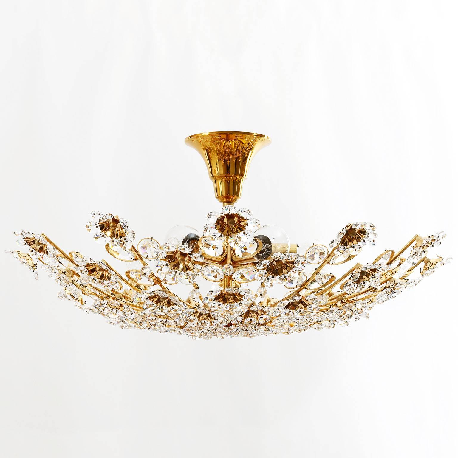 Mid-20th Century Palwa Light Fixture, Gilt Brass and Crystal, 1960s
