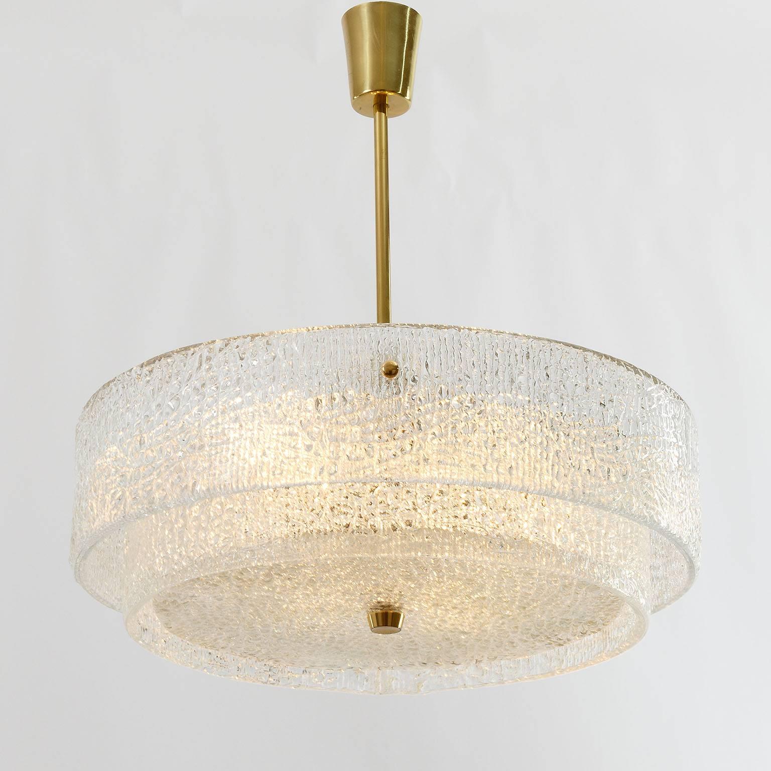 Mid-20th Century 1950s Kalmar Chandelier, Textured Glass and Brass