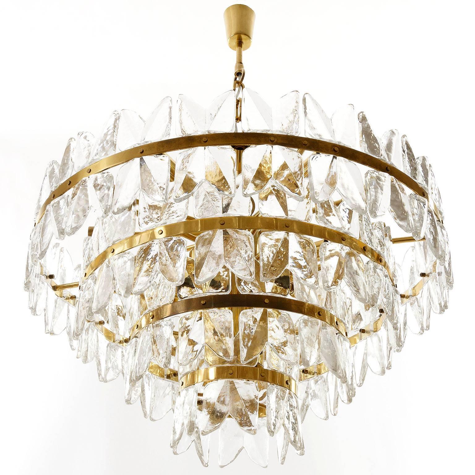 Hollywood Regency Large Kalmar Chandelier Pendant Light, Brass and Glass, Corina Model, 1970