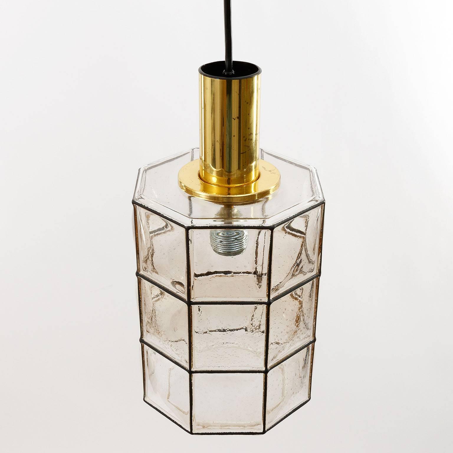 German Limburg Pendant Light, Brass and Amber Iron Glass, 1960s