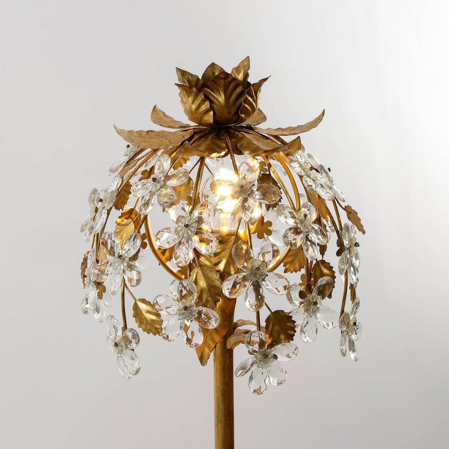 Cut Glass One of Two Gilt Italian Floor Lamps, 1960s For Sale