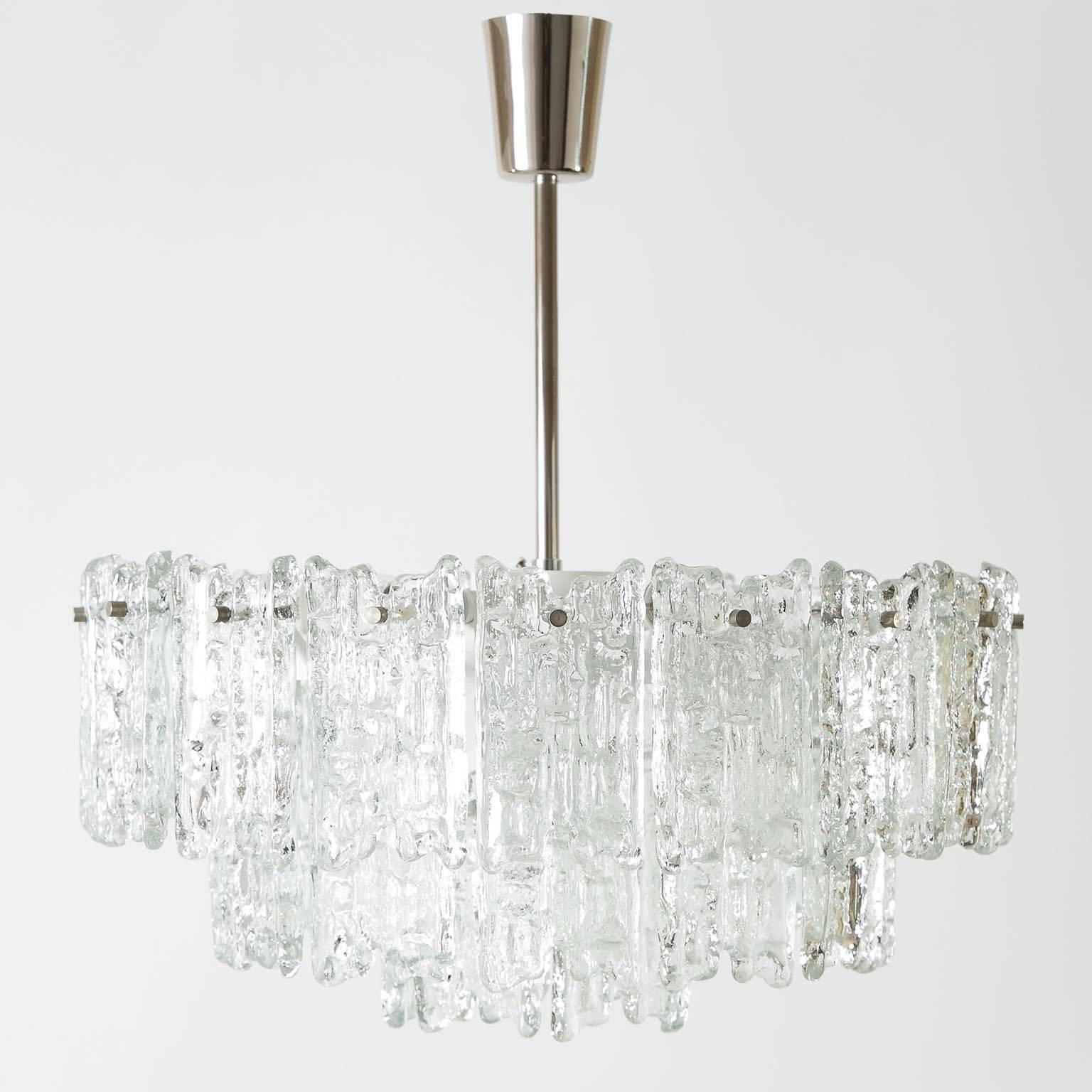 Mid-Century Modern Kalmar Chandelier, Rare Ice Glass, 1960s, One of Two