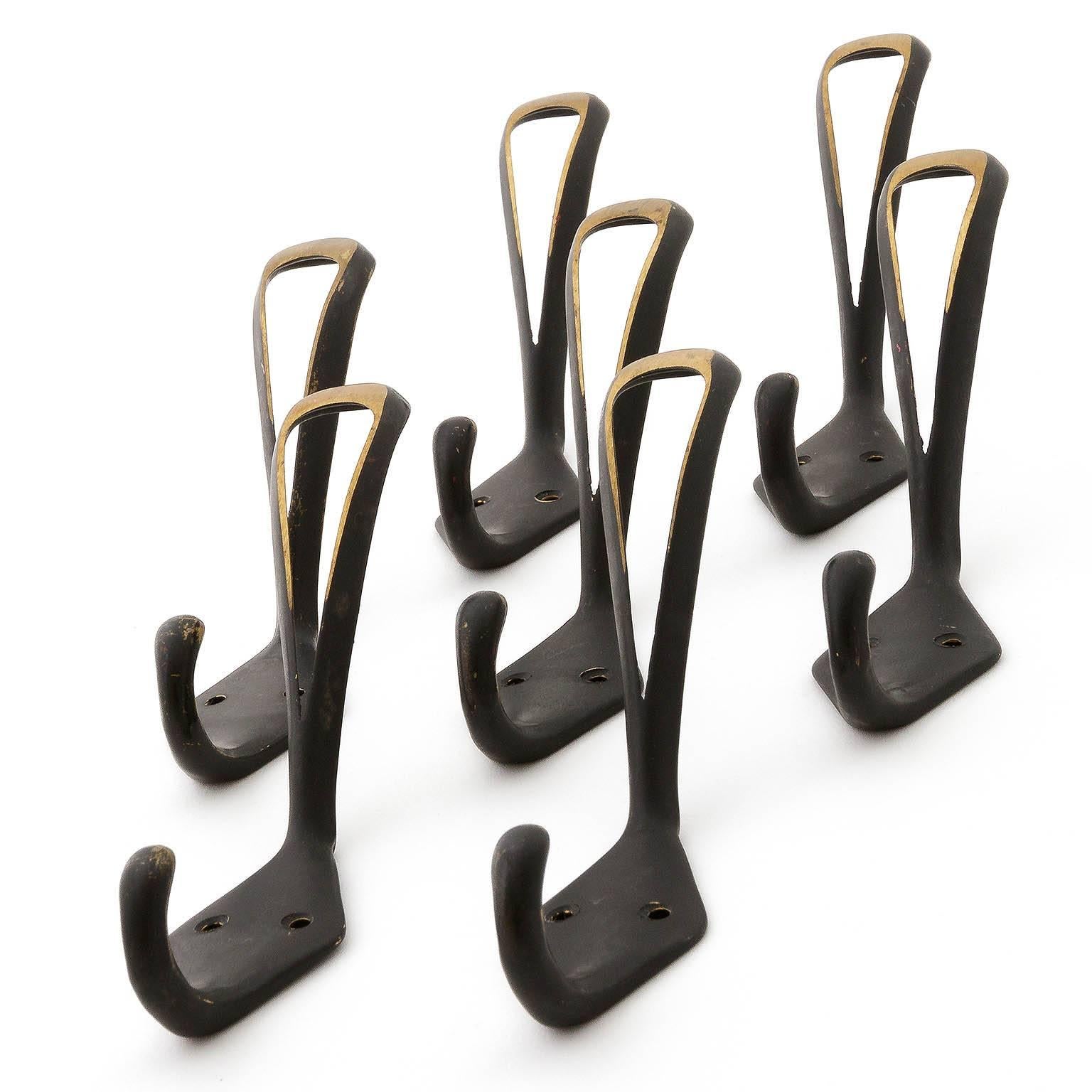 Set of Seven Coat Wall Hooks, Blackened Brass, Austria, 1950s 1