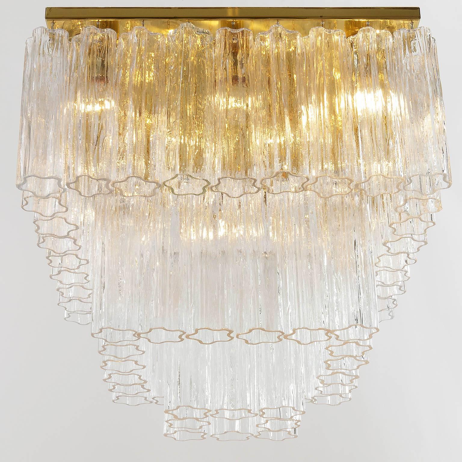 Polished Huge Kalmar 'Penta' Flush Mount Chandelier, Brass Venini Tronchi Glass, 1970