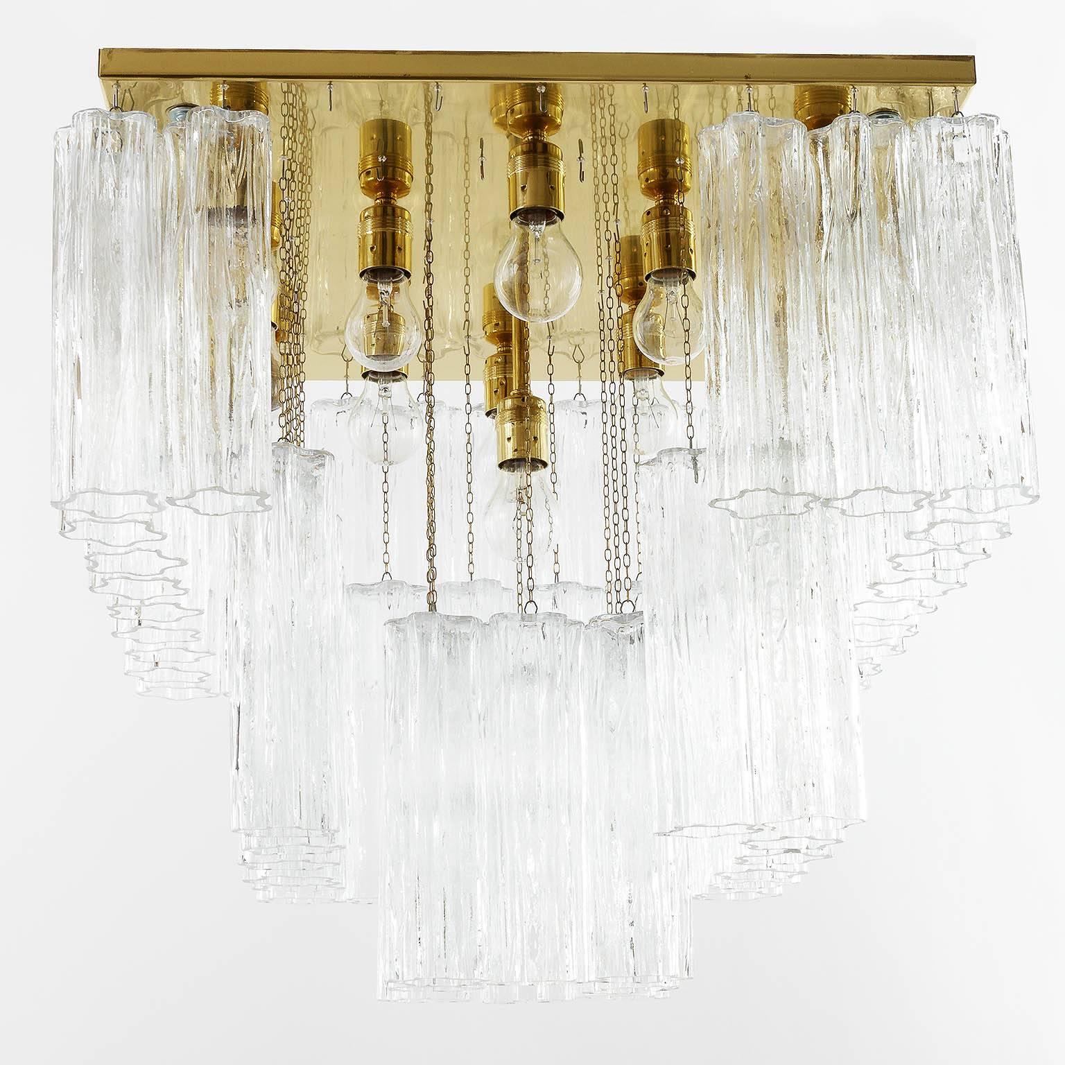 Mid-20th Century Huge Kalmar 'Penta' Flush Mount Chandelier, Brass Venini Tronchi Glass, 1970