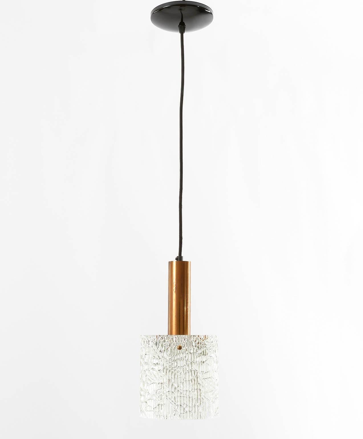 Mid-Century Modern One of Six Kalmar Pendant Lights, Textured Glass and Patinated Copper, 1950s For Sale