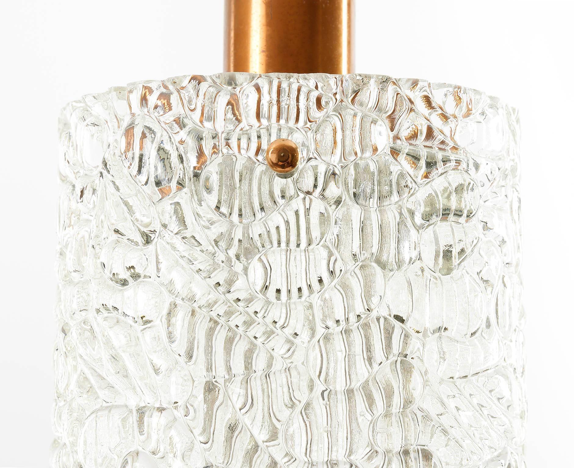 Austrian One of Six Kalmar Pendant Lights, Textured Glass and Patinated Copper, 1950s For Sale
