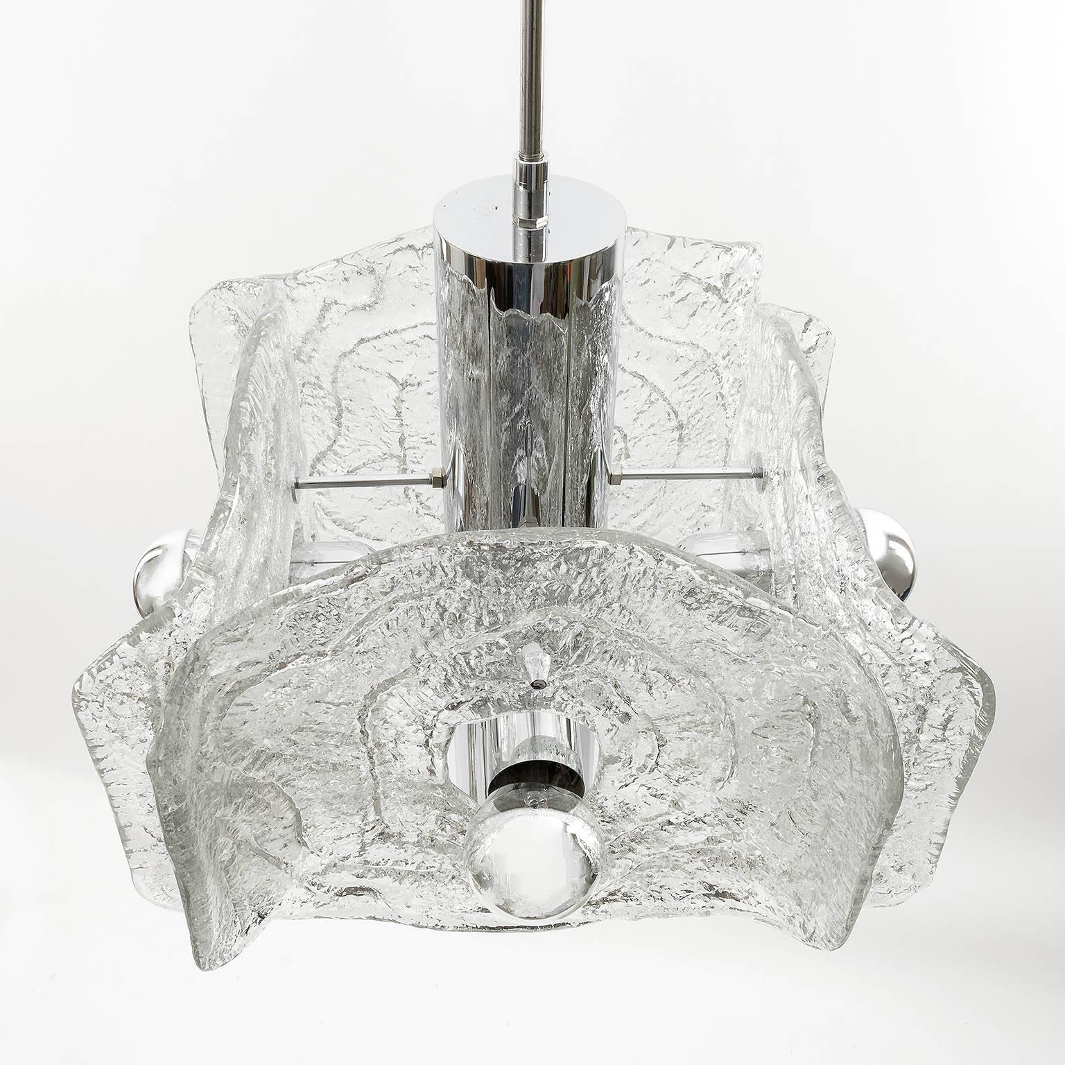 Frosted Mid-Century Modern Chandelier, Chrome and Murano Glass, 1970s For Sale