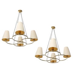 Pair of Pendant Lights Chandeliers, Brass Pleated Cream Fabric Shades, 1960