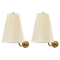 Pair Wall Lights Sconces, Kalmar, Josef Frank, Brass Wood Pleated Shades, 1960