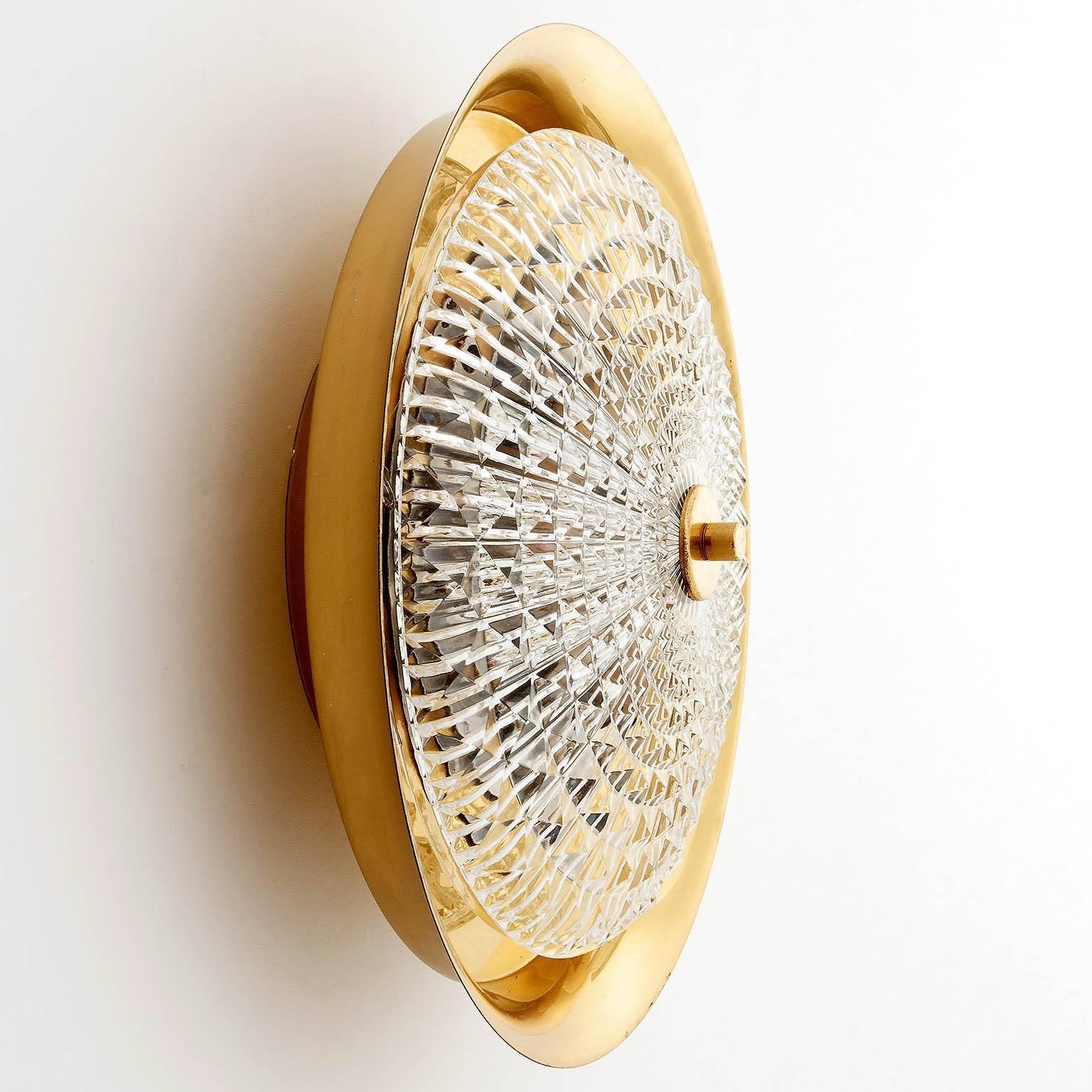 Flush Mount Light or Sconce, Carl Fagerlund Orrefors, Brass Glass, Sweden, 1960s 1