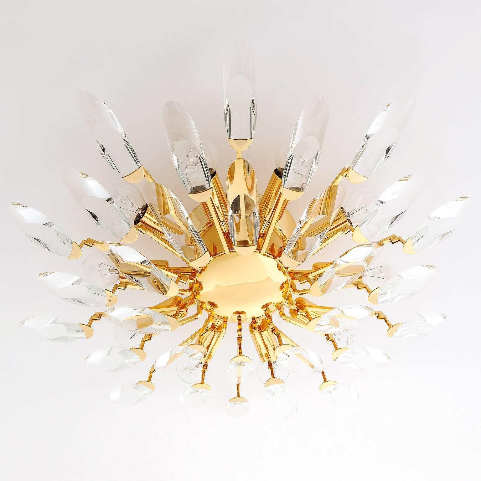 Cut Glass Italian Flush Mount Light by Stilkronen, Gilt Brass Crystal Glass, 1970s