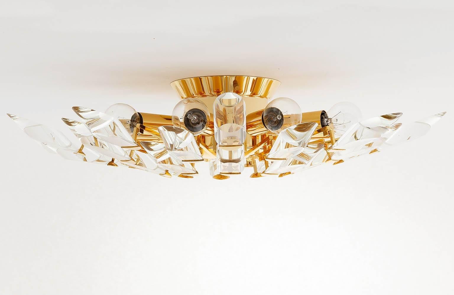 Late 20th Century Italian Flush Mount Light by Stilkronen, Gilt Brass Crystal Glass, 1970s