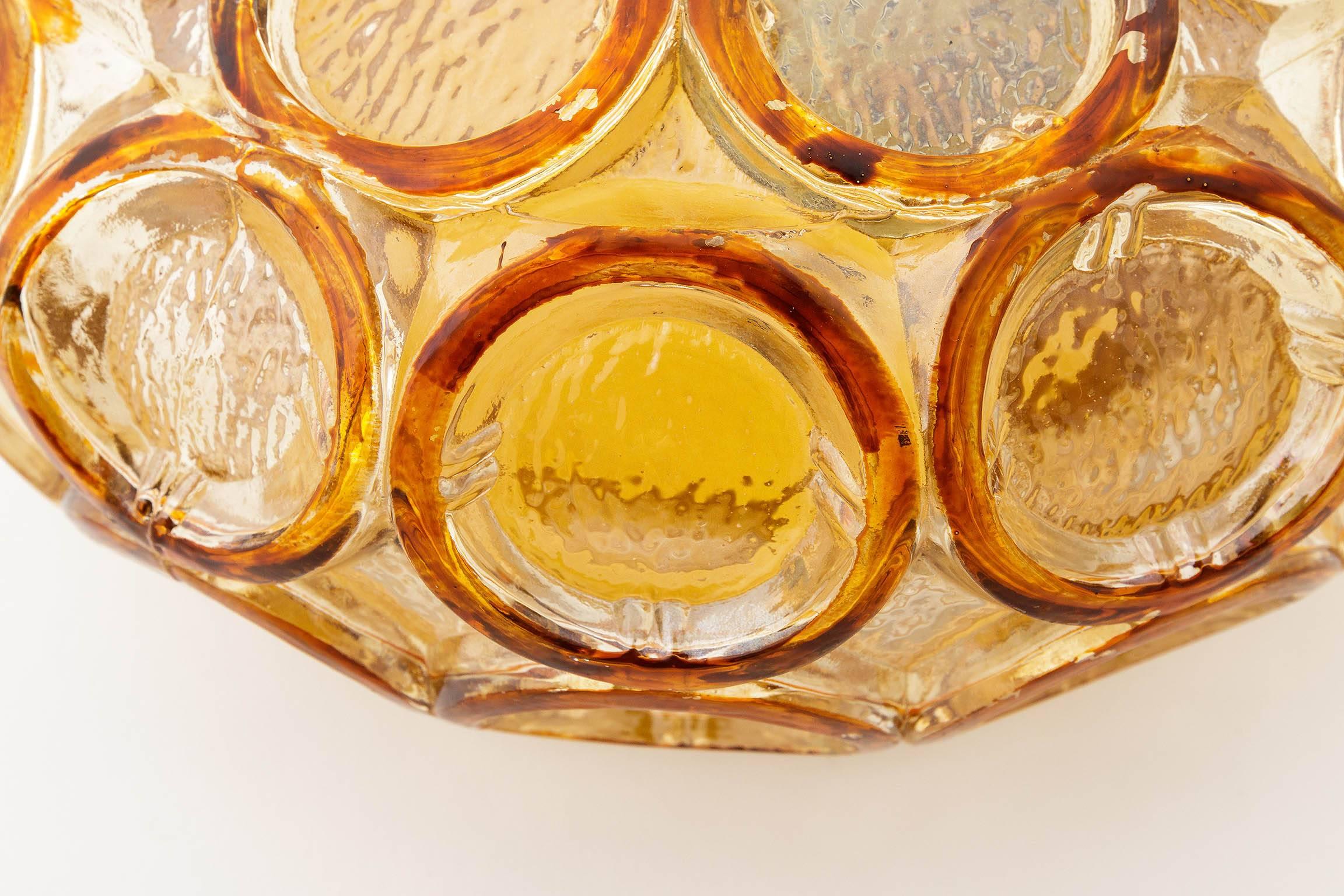 Metal Flush Mount Light or Sconce, Amber Tone Glass, 1970s (Three Available)