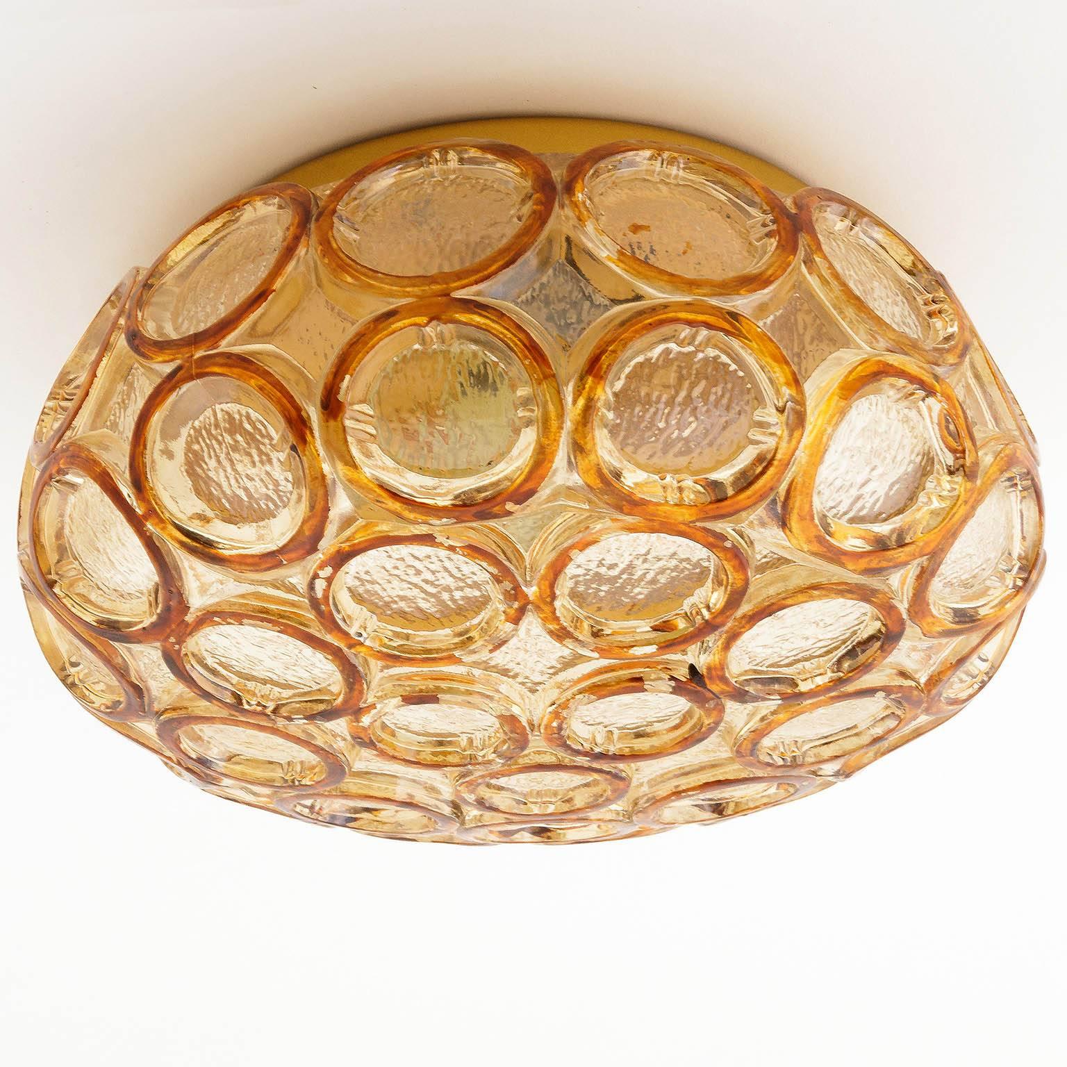 Mid-Century Modern Flush Mount Light or Sconce, Amber Tone Glass, 1970s (Three Available)