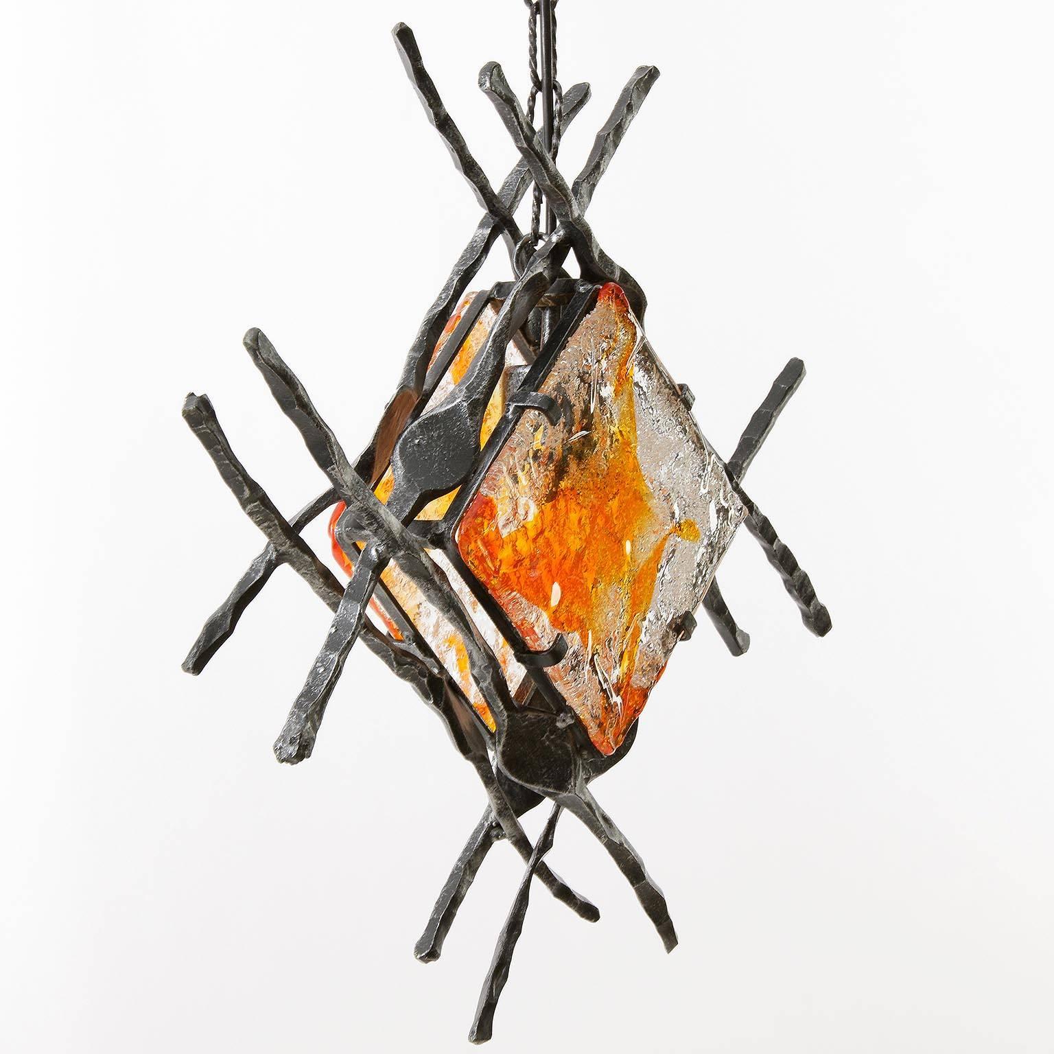 Mid-Century Modern Light Fixture, Wrought Iron, Orange Glass, 1970s For Sale