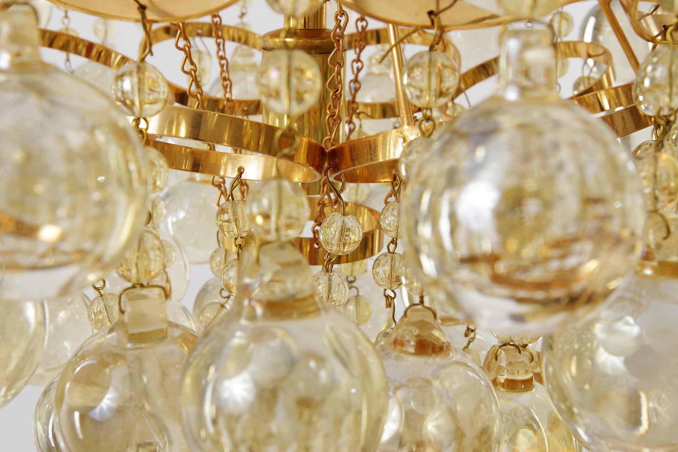 Crystal Palwa Chandelier, Gilt Brass and Amber Tone Glass, 1960s For Sale