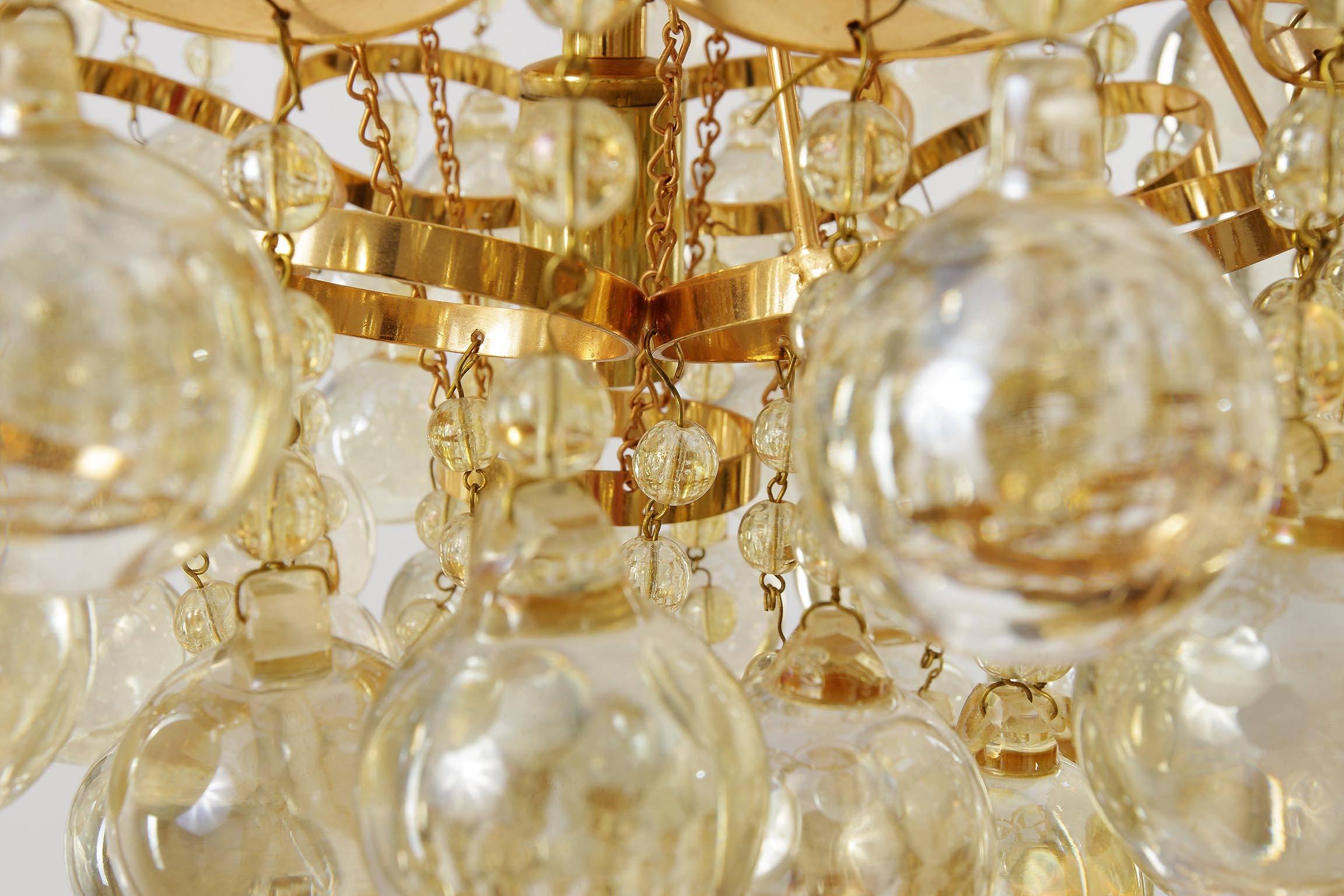 Palwa Chandelier, Gilt Brass and Amber Tone Glass, 1960s For Sale 1