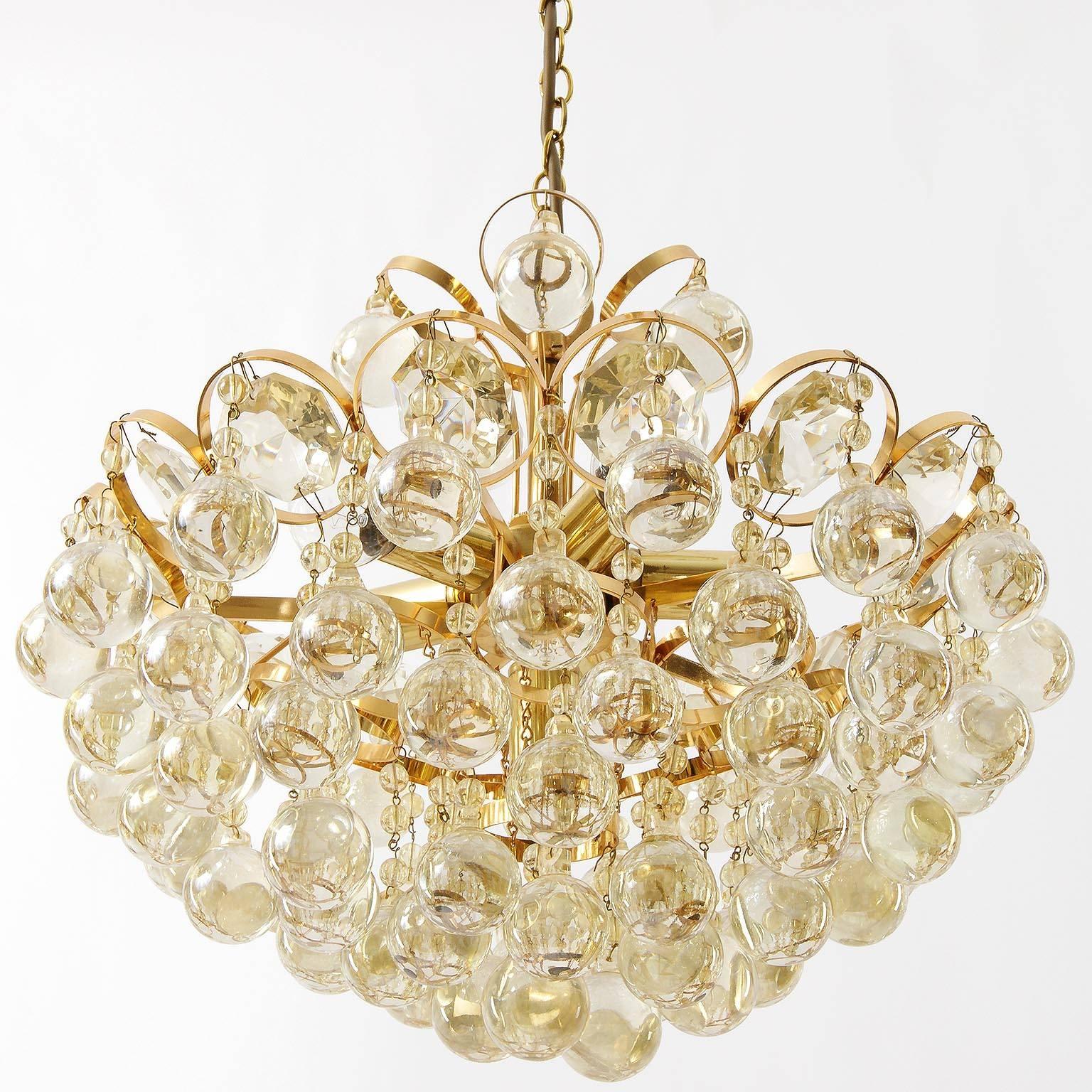 Hollywood Regency Palwa Chandelier, Gilt Brass and Amber Tone Glass, 1960s For Sale