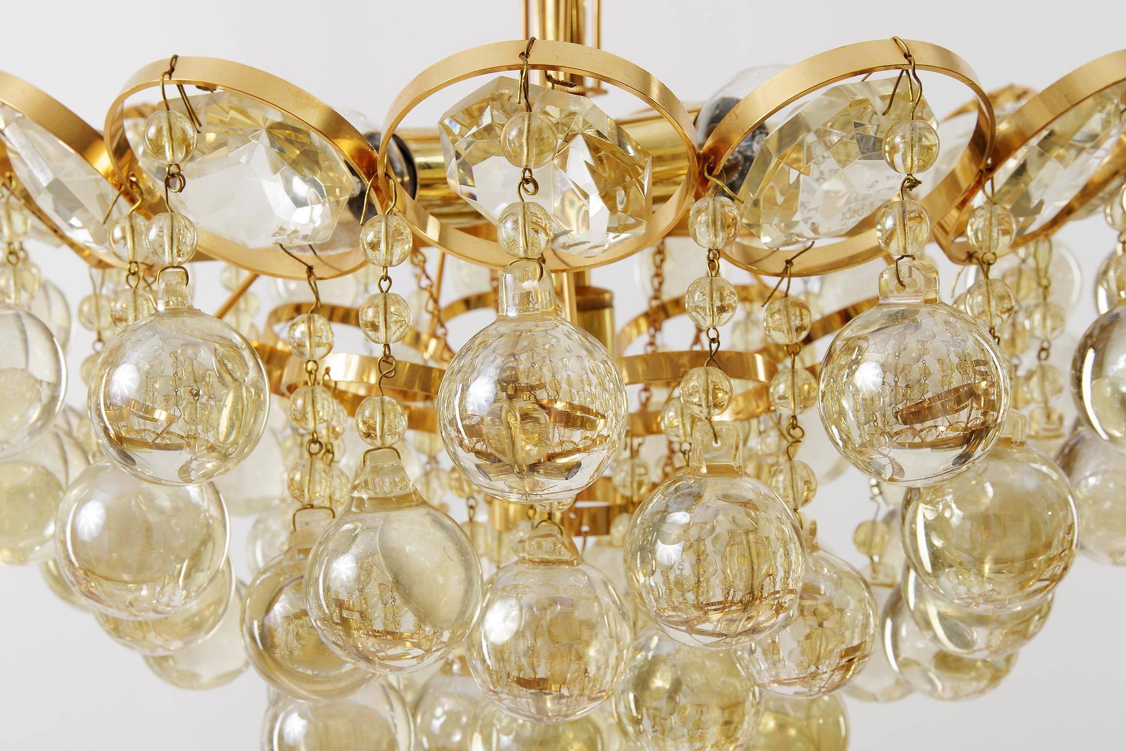 Palwa Chandelier, Gilt Brass and Amber Tone Glass, 1960s For Sale 2