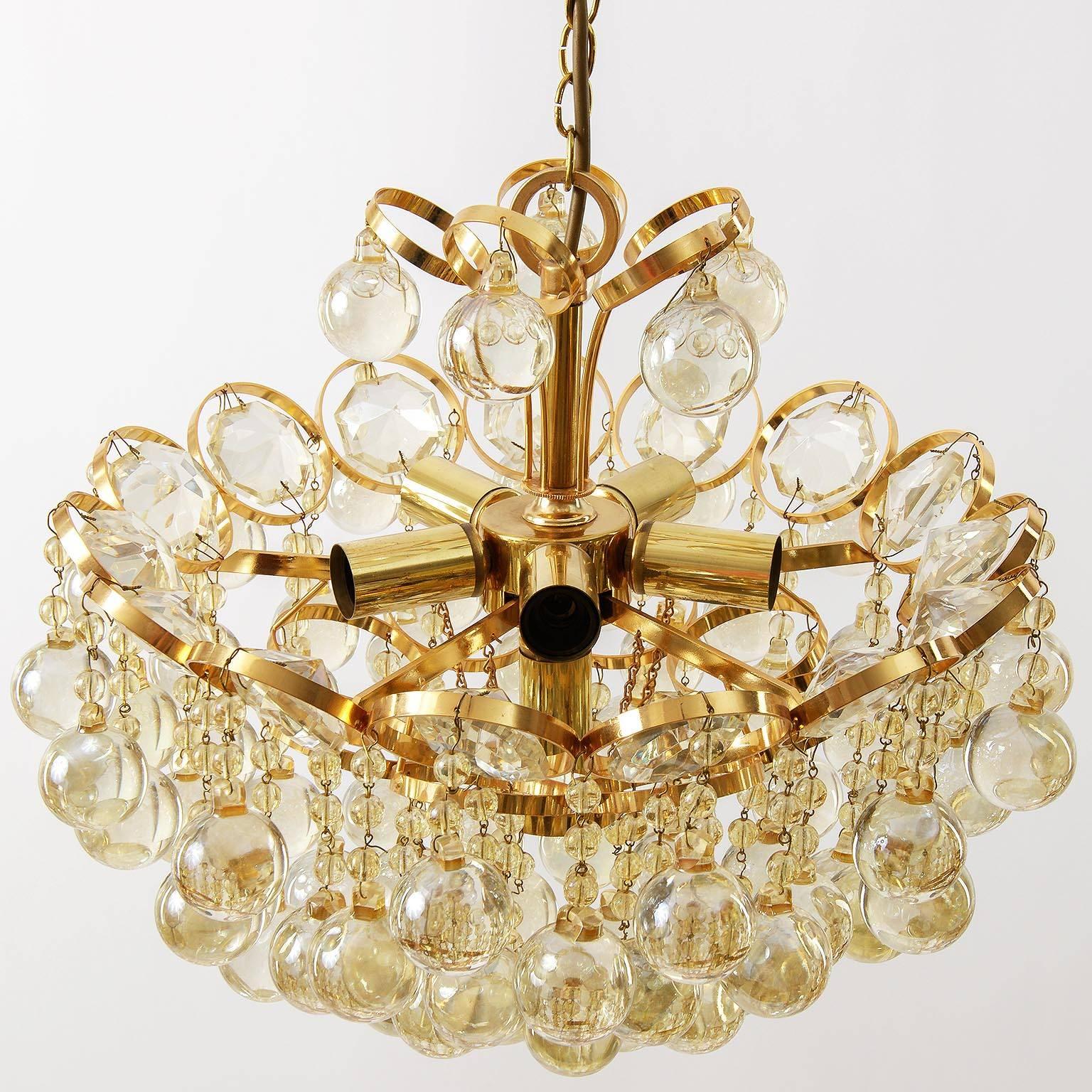 Mid-20th Century Palwa Chandelier, Gilt Brass and Amber Tone Glass, 1960s For Sale
